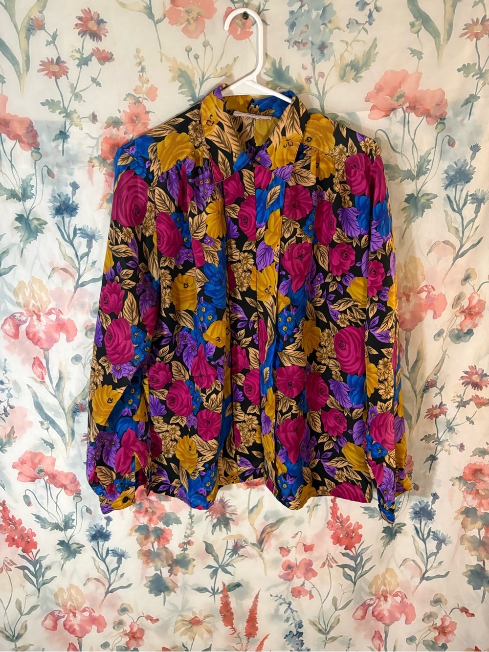 Vintage Bold Floral Button-Up Blouse in Magenta, Blue & Mustard